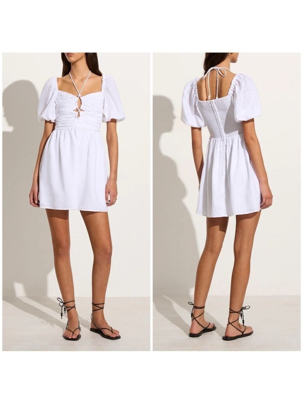 Faithfull The Brand Puff Sleeve L'oasis Odelia Mini Dress in White 100% Linen